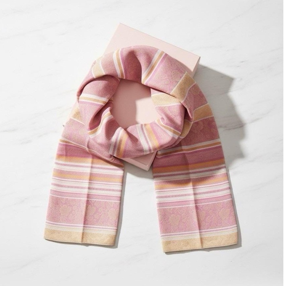 Pink Gold Floral Damask Striped Woven Jacquard Rectangle Scarf Pashmina Wrap